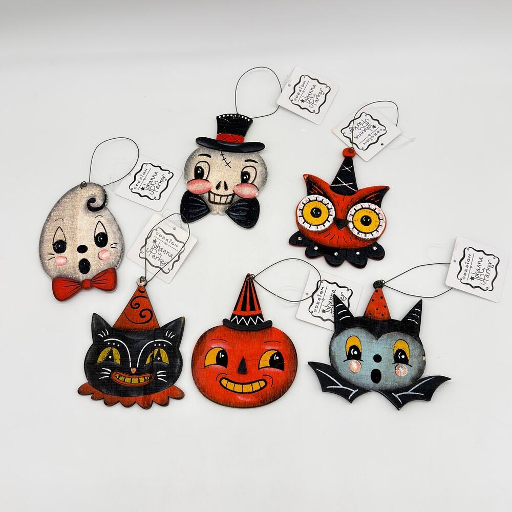 6 Johanna Parker Wooden Halloween Ornaments Ghost Cat Bat Owl Pumpkin Skeleton